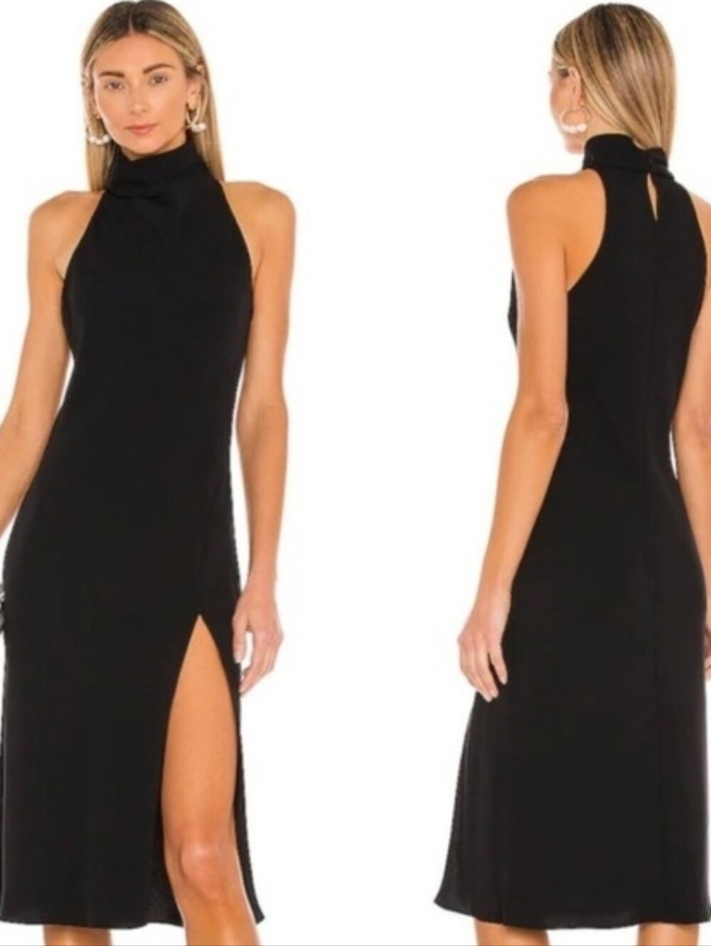 Amanda Uprichard Black Mock Neck Sleeveless Mid Length Dress With High Slit